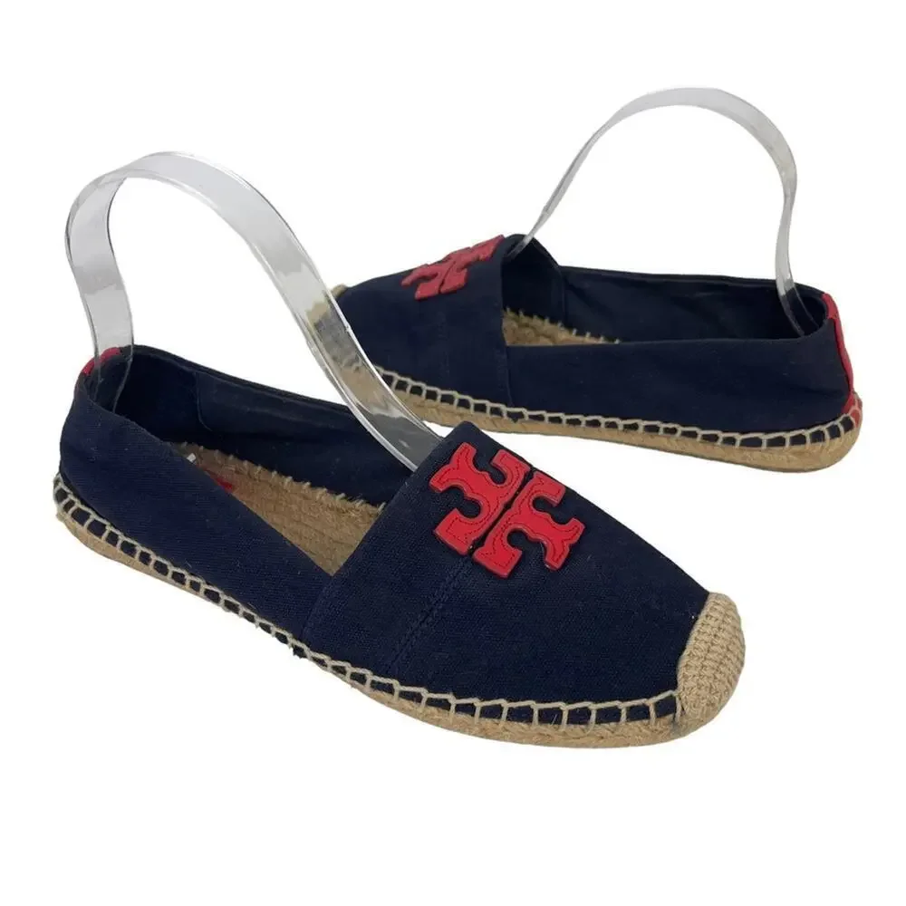 TORY BURCH Weston Navy Red Canvas Slip On Flat Espadrille Sandals Size 8M